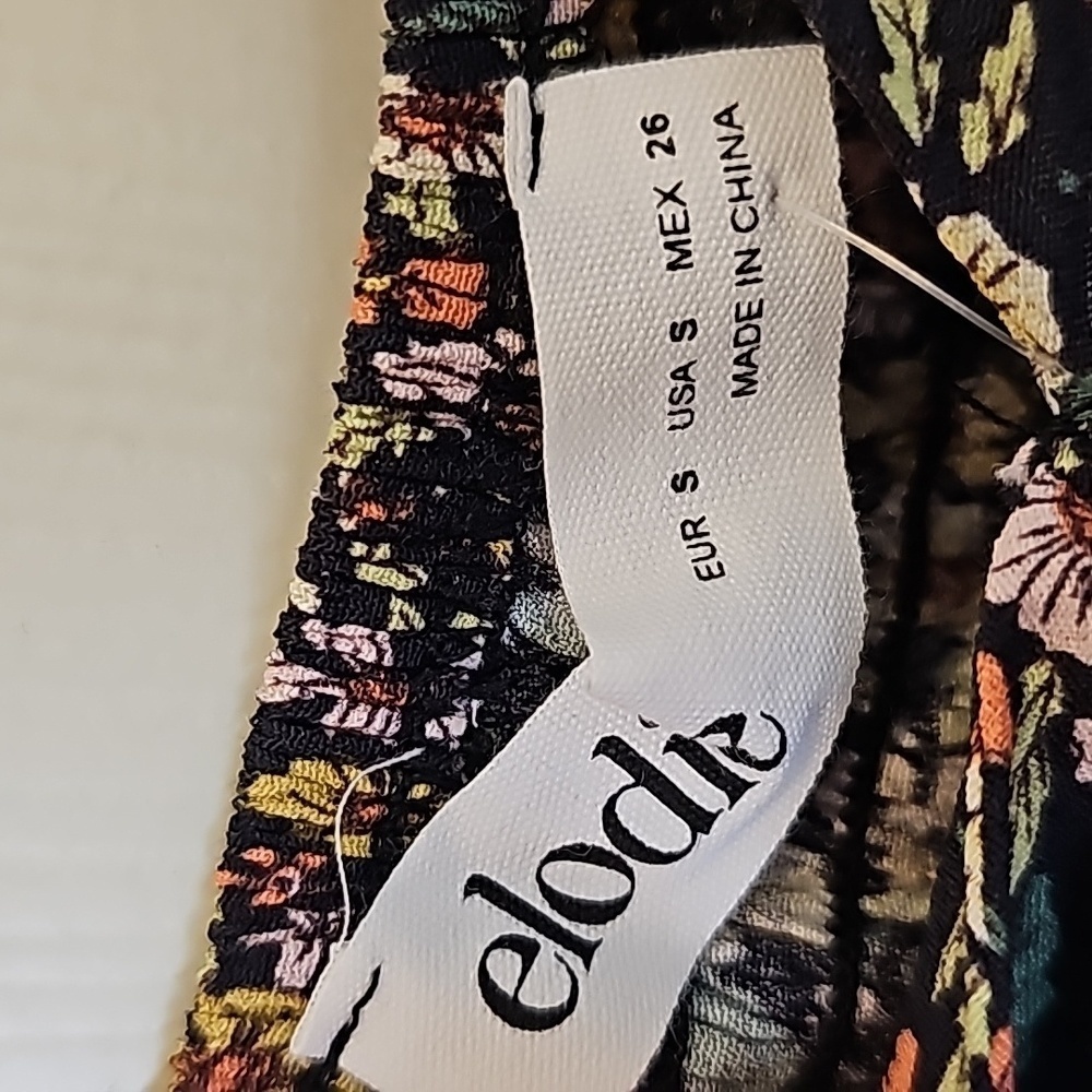 Elodie Floral Black Yellow Pink Elasticized Off Shoulder Rucshed Side Tie Top S - Picture 4 of 13